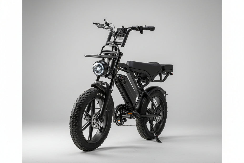 Electric bike parked next to a tree with a natural background