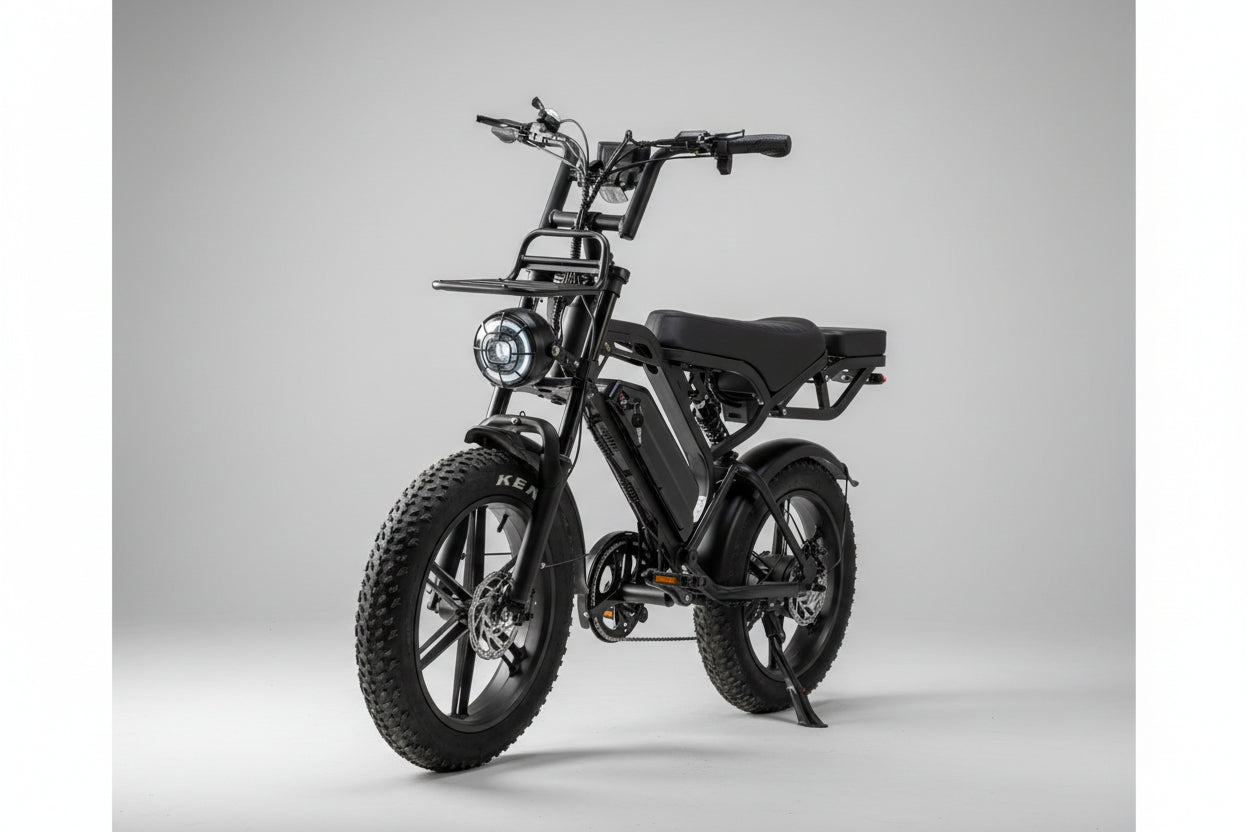Electric bike parked next to a tree with a natural background